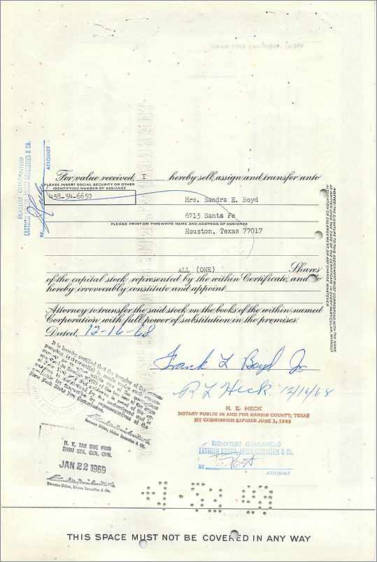 Aktie der Great Atlantic & Pacific Tea Company — Frank L. Boyd Jr. & Frau Sandra E. Boyd — 1 Aktie — datiert 1939 — Rückseite