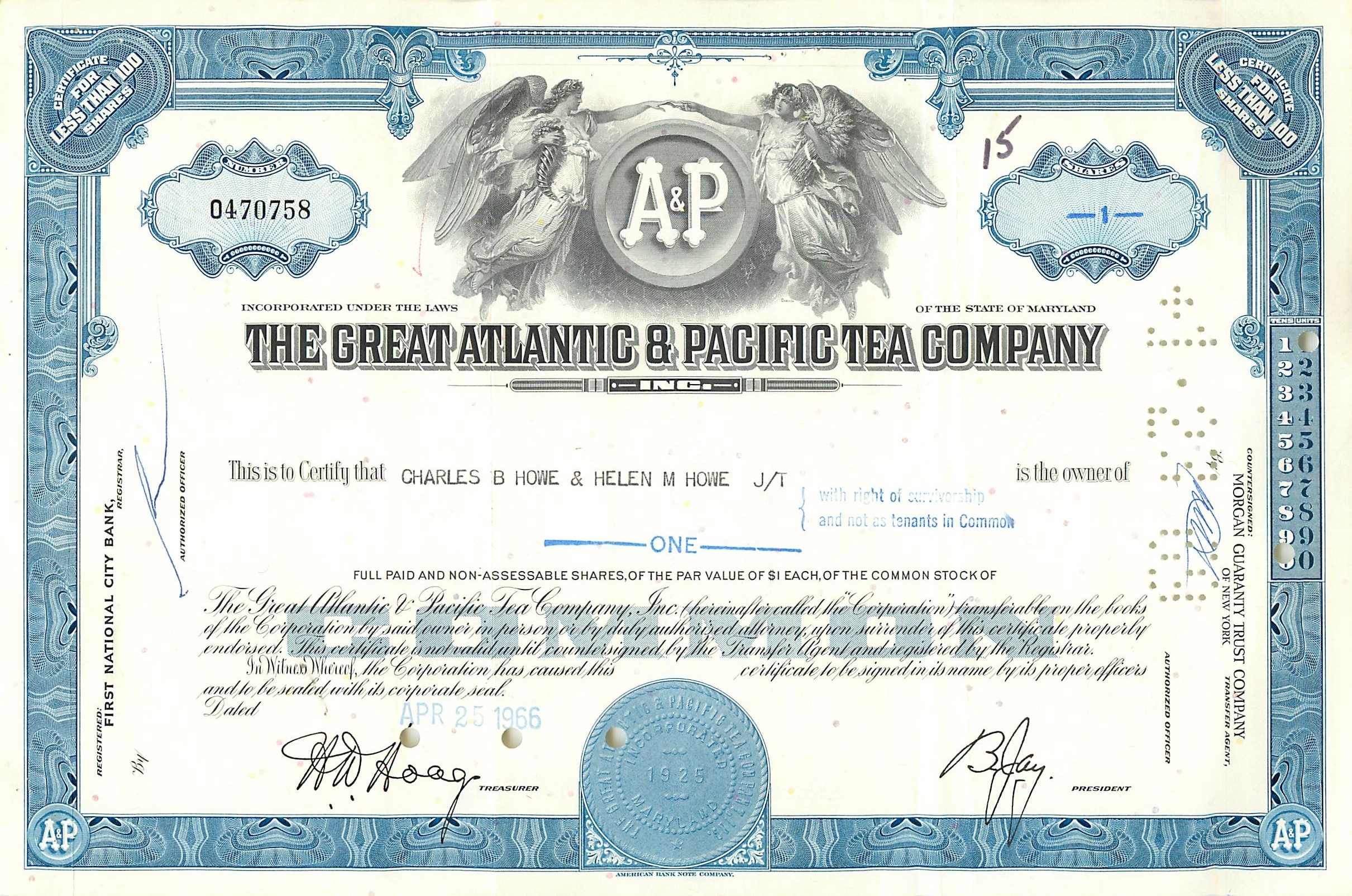 Certificat d'actions de la Great Atlantic & Pacific Tea Company — éditeur Morgan Guaranty Trust Company