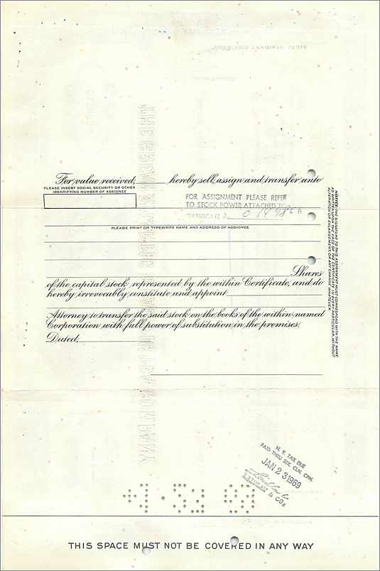 Certificat d'actions de la Great Atlantic & Pacific Tea Company — éditeur Morgan Guaranty Trust Company — Verso