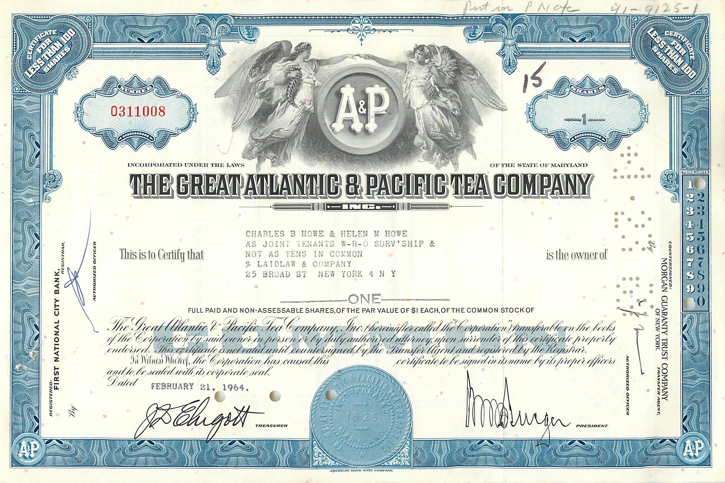 Certificat de parts de la Great Atlantic & Pacific Tea Company — série 13 — éditeur American Bank Note Company