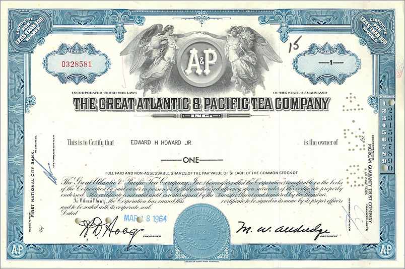 Aandelenbewijs van The Great Atlantic & Pacific Tea Company — uitgever First National City Bank, nr. 0328581