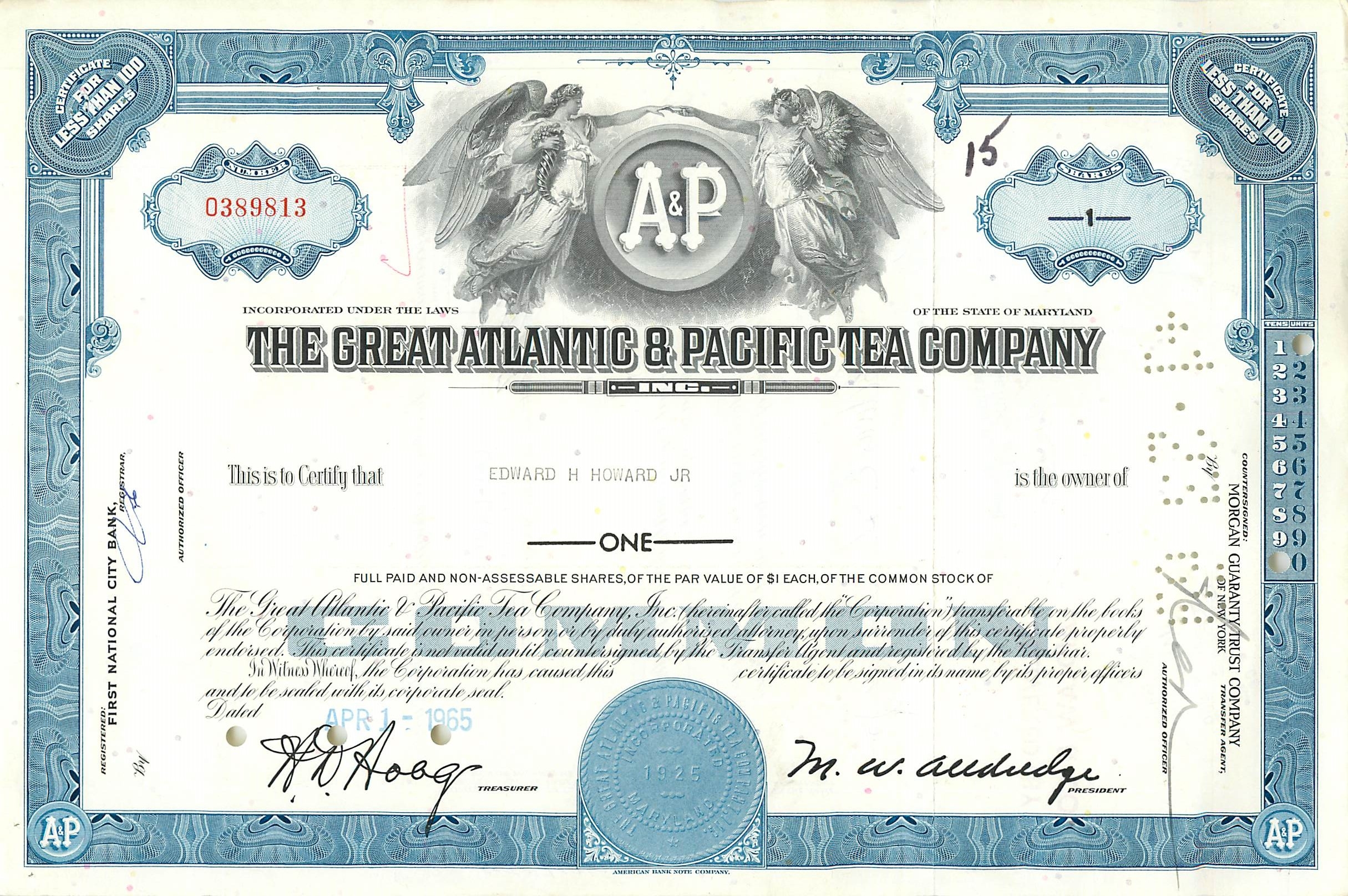 Certificat d'actions de la Great Atlantic & Pacific Tea Company — Edward H. Howard Jr. — série 1, n° 0389813