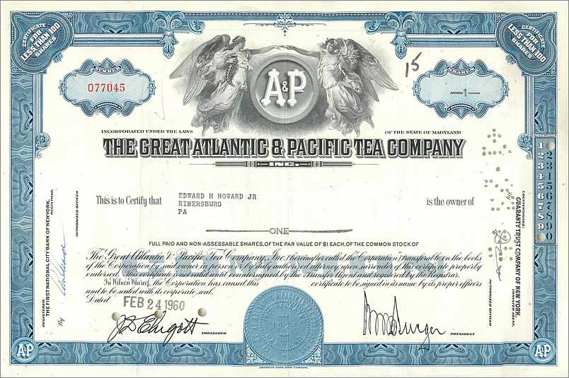 Certificat de la Great Atlantic & Pacific Tea Company — 15 actions — éditeur : The First National City Bank of New York, n° 077045
