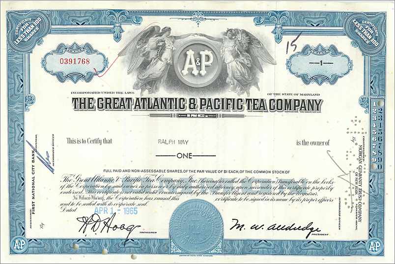 Certificat de parts de la Great Atlantic & Pacific Tea Company — éditeur First National City Bank