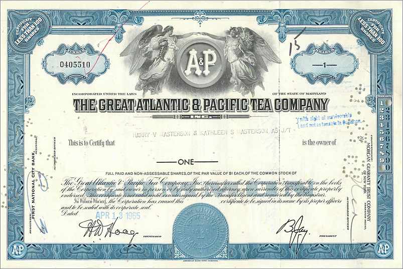 Certificato di azioni della Great Atlantic & Pacific Tea Company — editore First National City Bank, n° 0405510