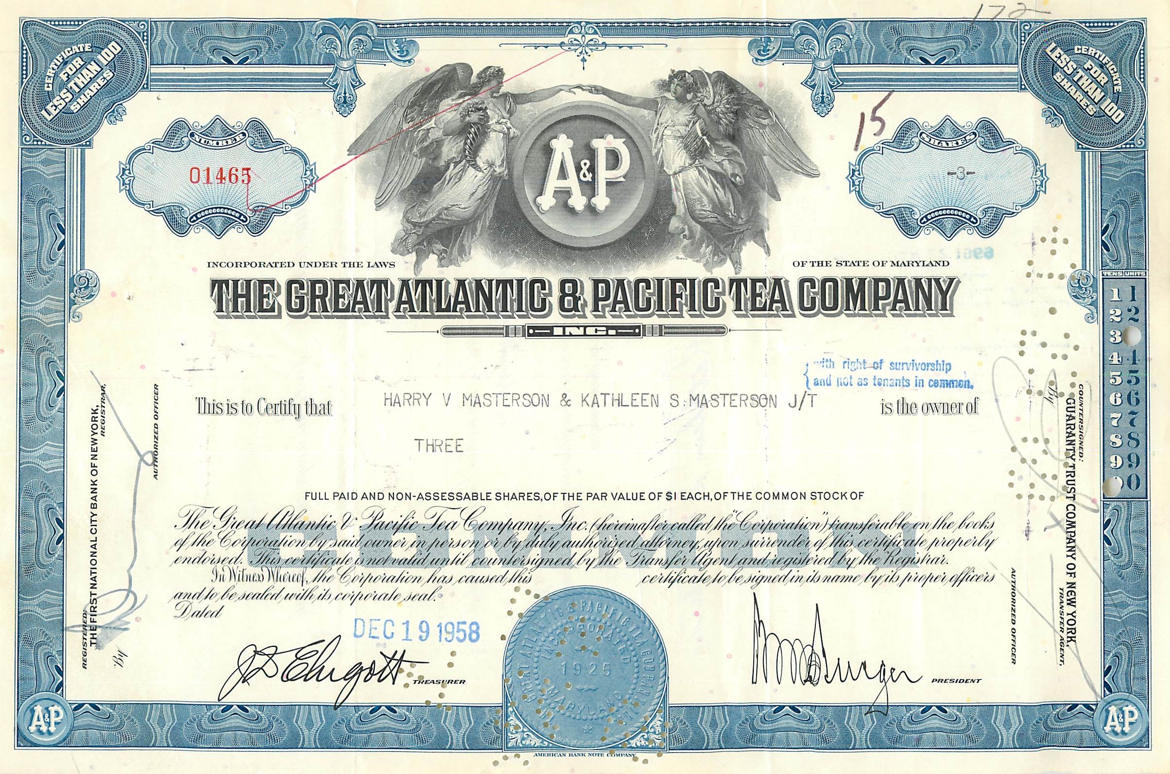 Certificat d'actions de la Great Atlantic & Pacific Tea Company — 3 actions — daté 1958