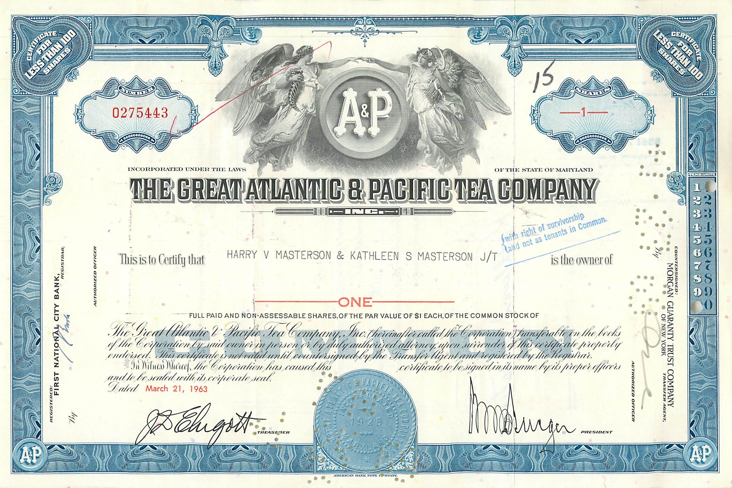 Certificado de acciones de la Great Atlantic & Pacific Tea Company — Harry V & Kathleen S Masterson — fechado en 1963