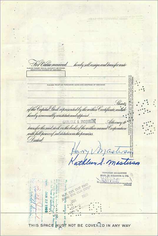 Certificado de acciones de la Great Atlantic & Pacific Tea Company — Harry V & Kathleen S Masterson — fechado en 1963 — Reverso