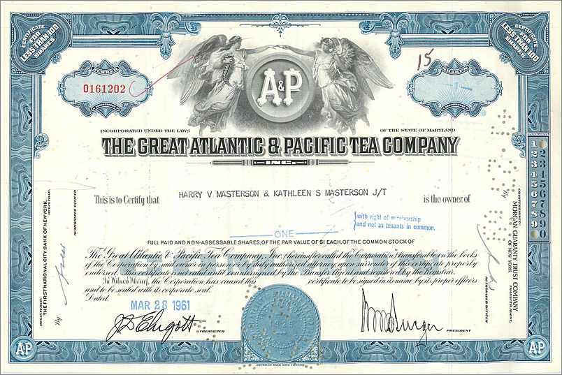 Certyfikat akcji Great Atlantic & Pacific Tea Company — seria 15 — wydawca AP