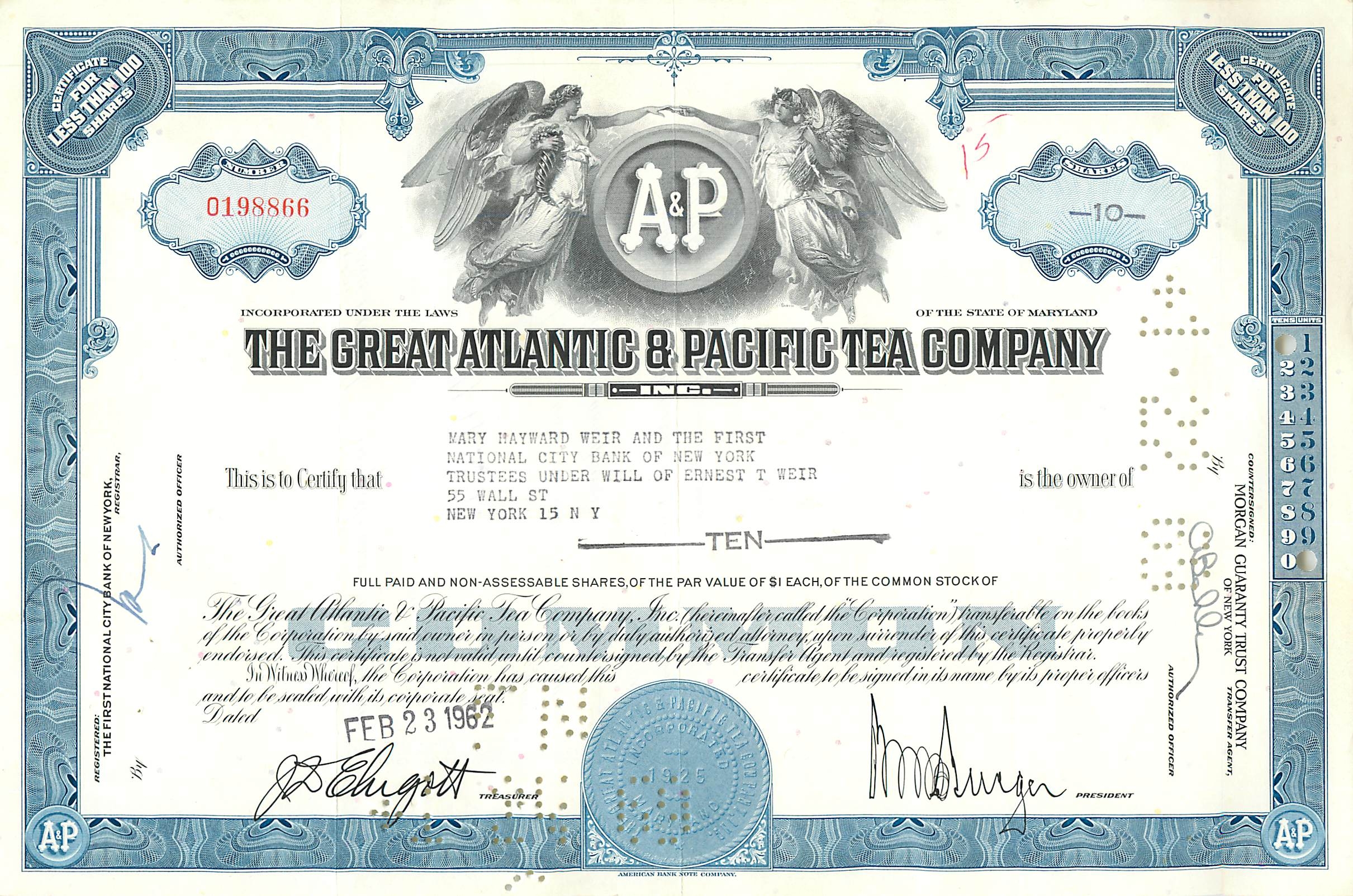 Certificato di 10 azioni della Great Atlantic & Pacific Tea Company — editore Morgan Guaranty Trust Company
