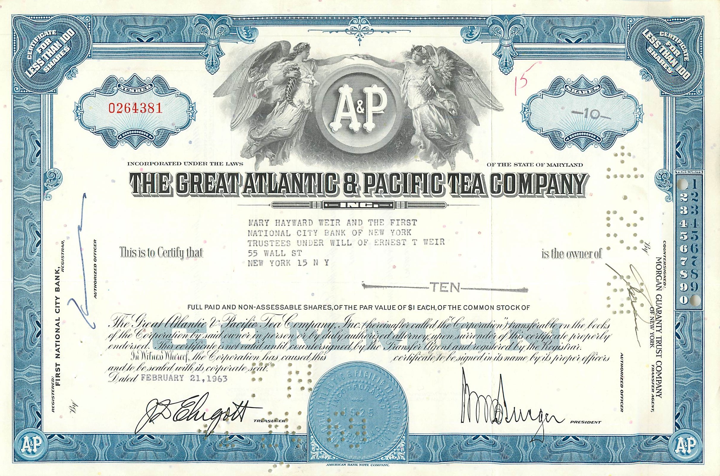 Certificato d'azioni della Great Atlantic & Pacific Tea Company — 10 azioni — datato febbraio 1963