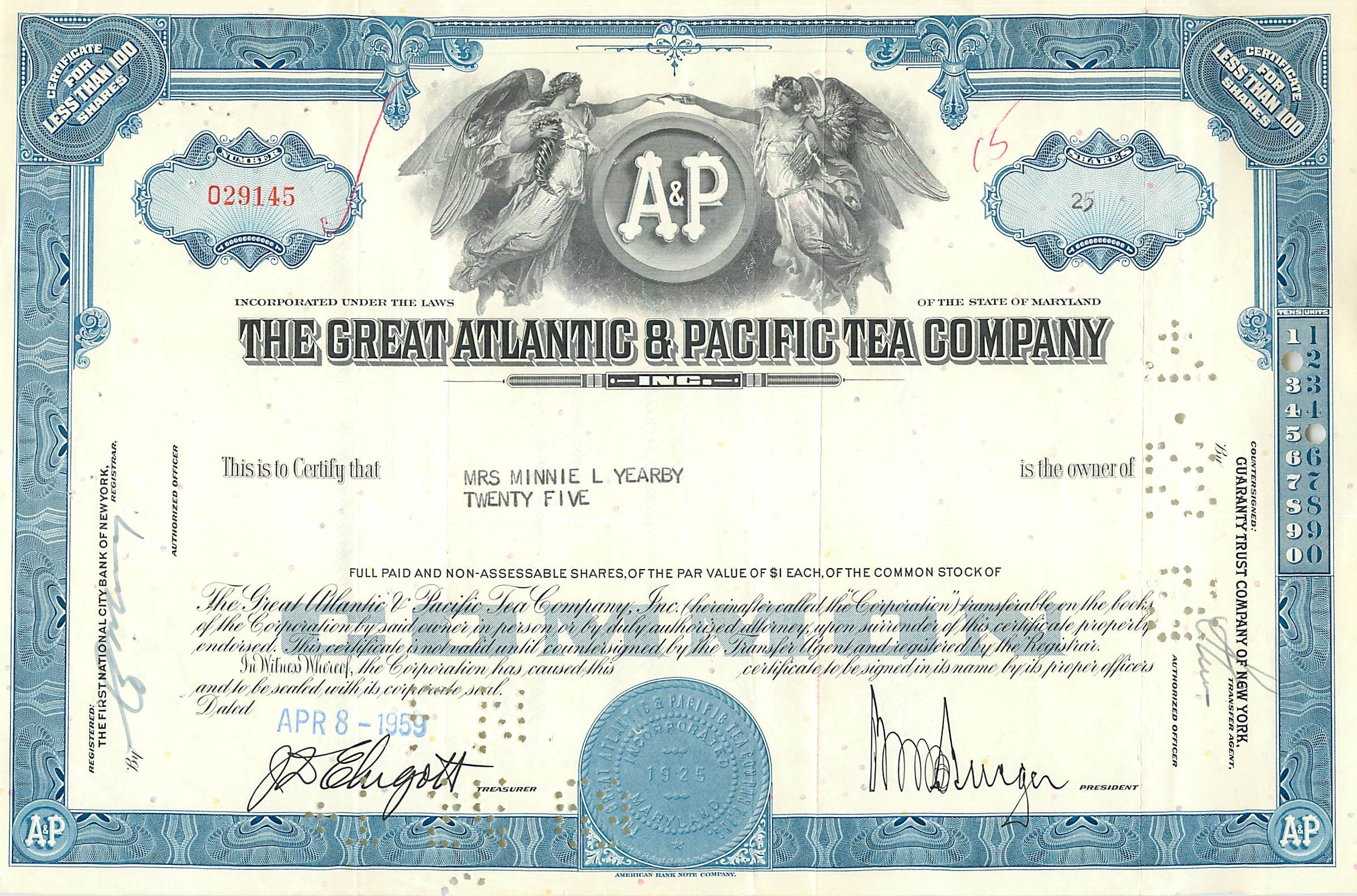 Aandelenbewijs van de Great Atlantic & Pacific Tea Company — Mrs Minnie L Yearby — 25 aandelen — gedateerd 8 april 1959