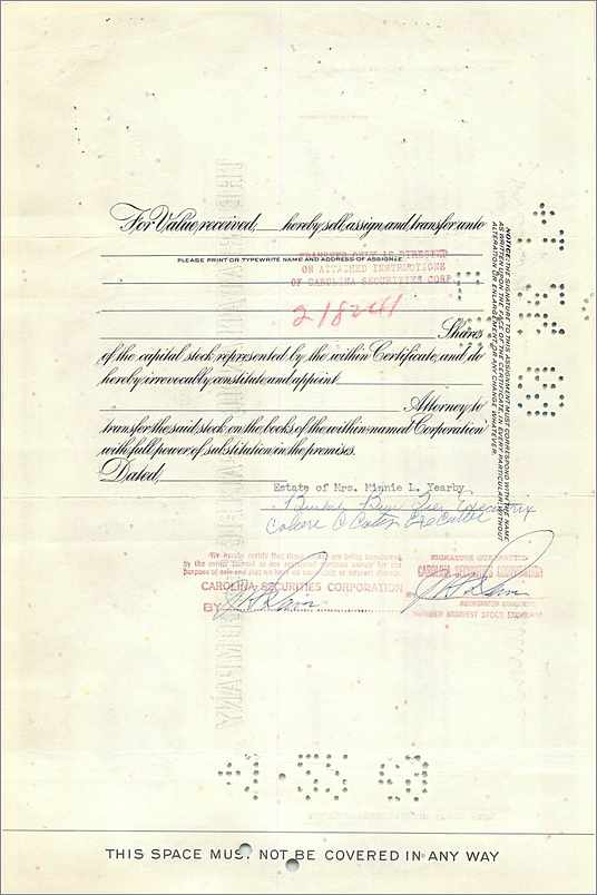 Aandelenbewijs van de Great Atlantic & Pacific Tea Company — Mrs Minnie L Yearby — 25 aandelen — gedateerd 8 april 1959 — Achterkant