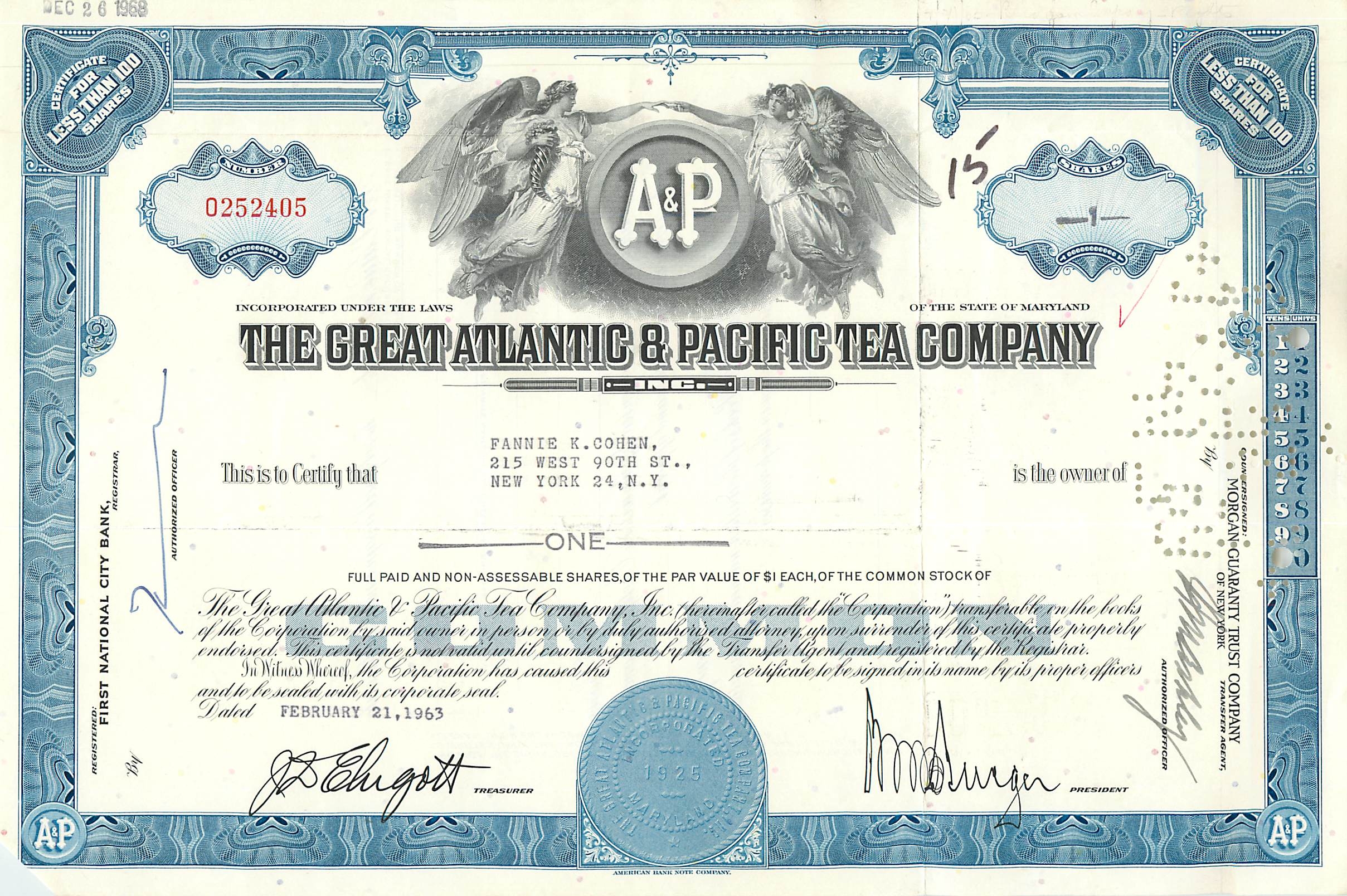 Certificat d'actions de la Great Atlantic & Pacific Tea Company — Fannie K. Cohen — daté février 1963