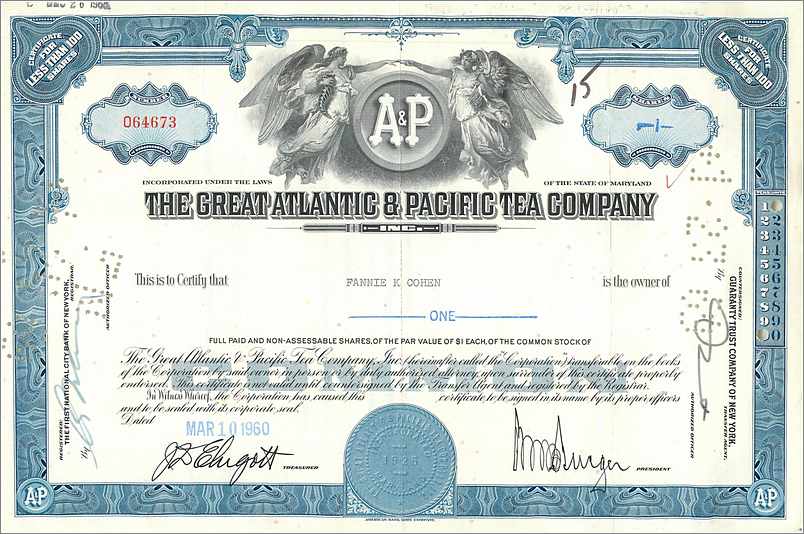 Action de la Great Atlantic & Pacific Tea Company — certificat d'actions — éditeur : Guarantee Trust Company of New York, n° 064673