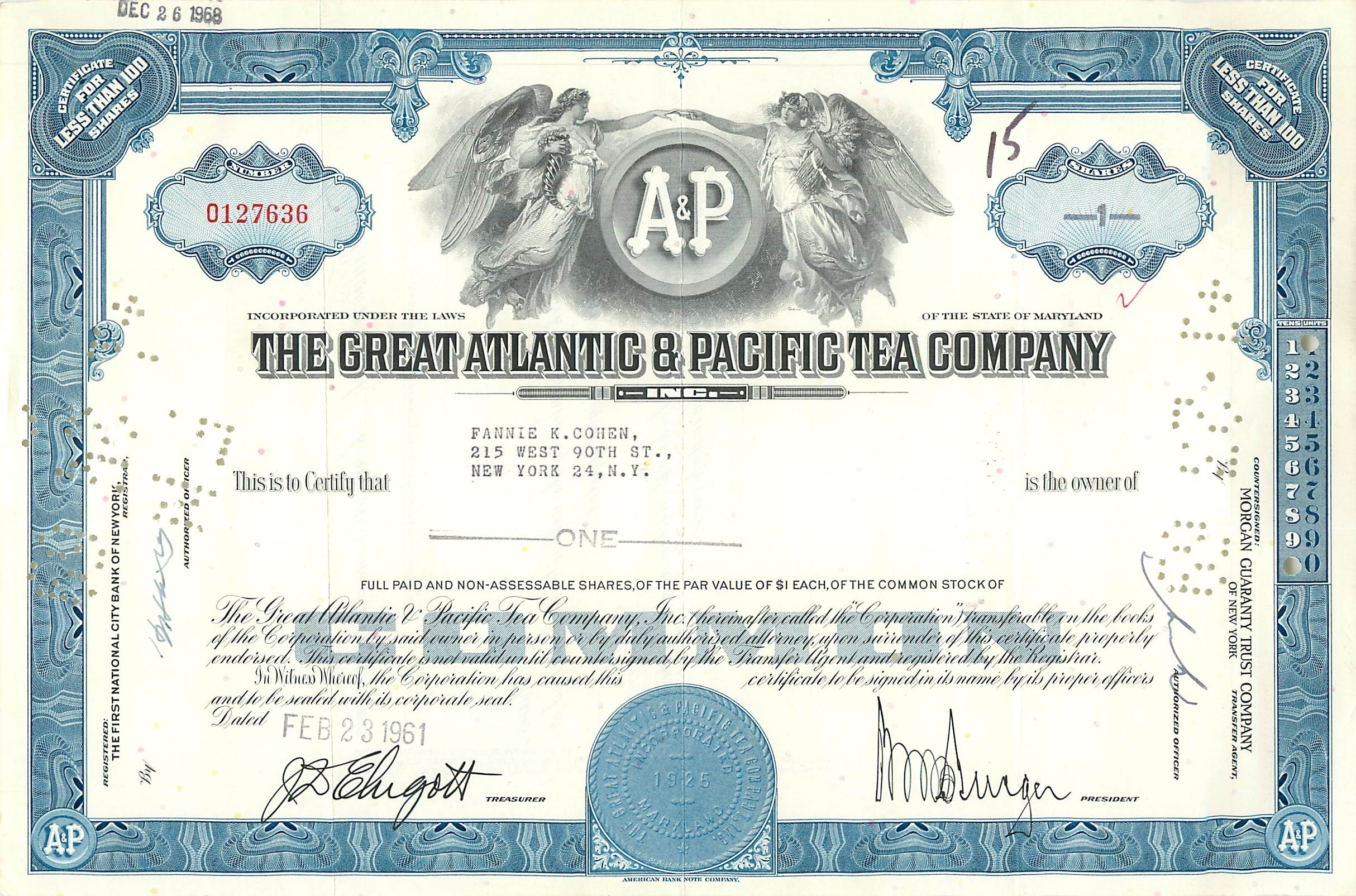 Certificat de parts de la Great Atlantic & Pacific Tea Company — série 1 — éditeur American Bank Note Company