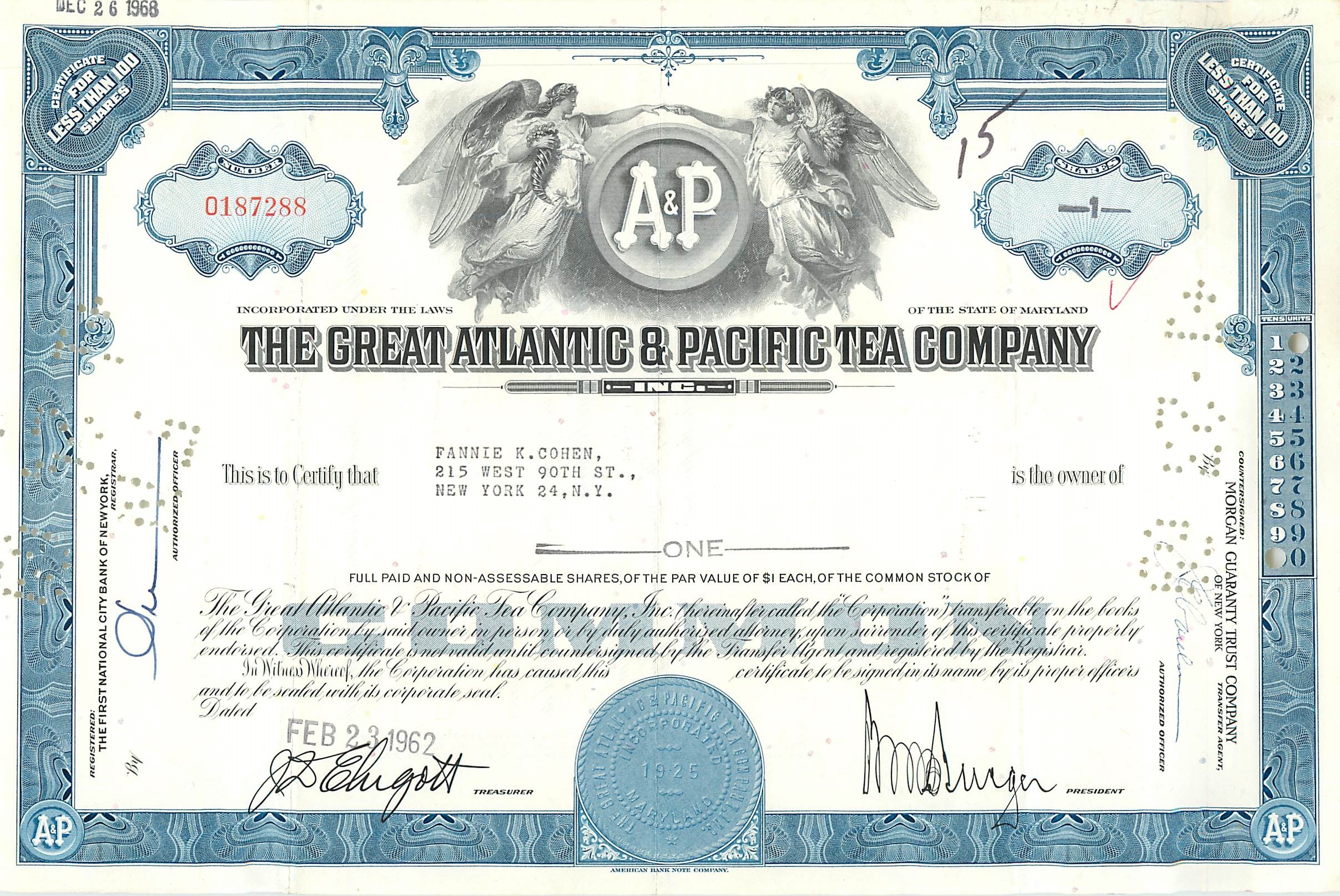 Certificato d'azione della Great Atlantic & Pacific Tea Company — Fannie K. Cohen, New York — n° 0187288