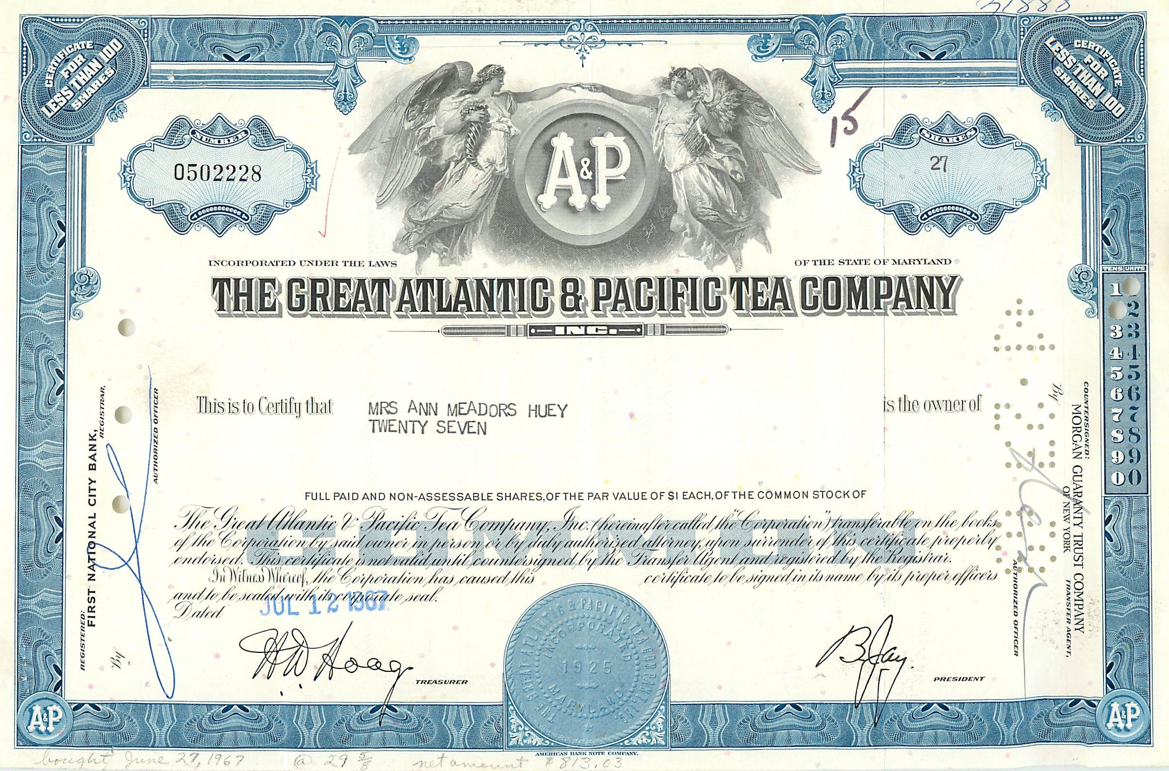 Aandelenbewijs van de Great Atlantic & Pacific Tea Company — Mrs Ann Meadors Huey — n° 050228