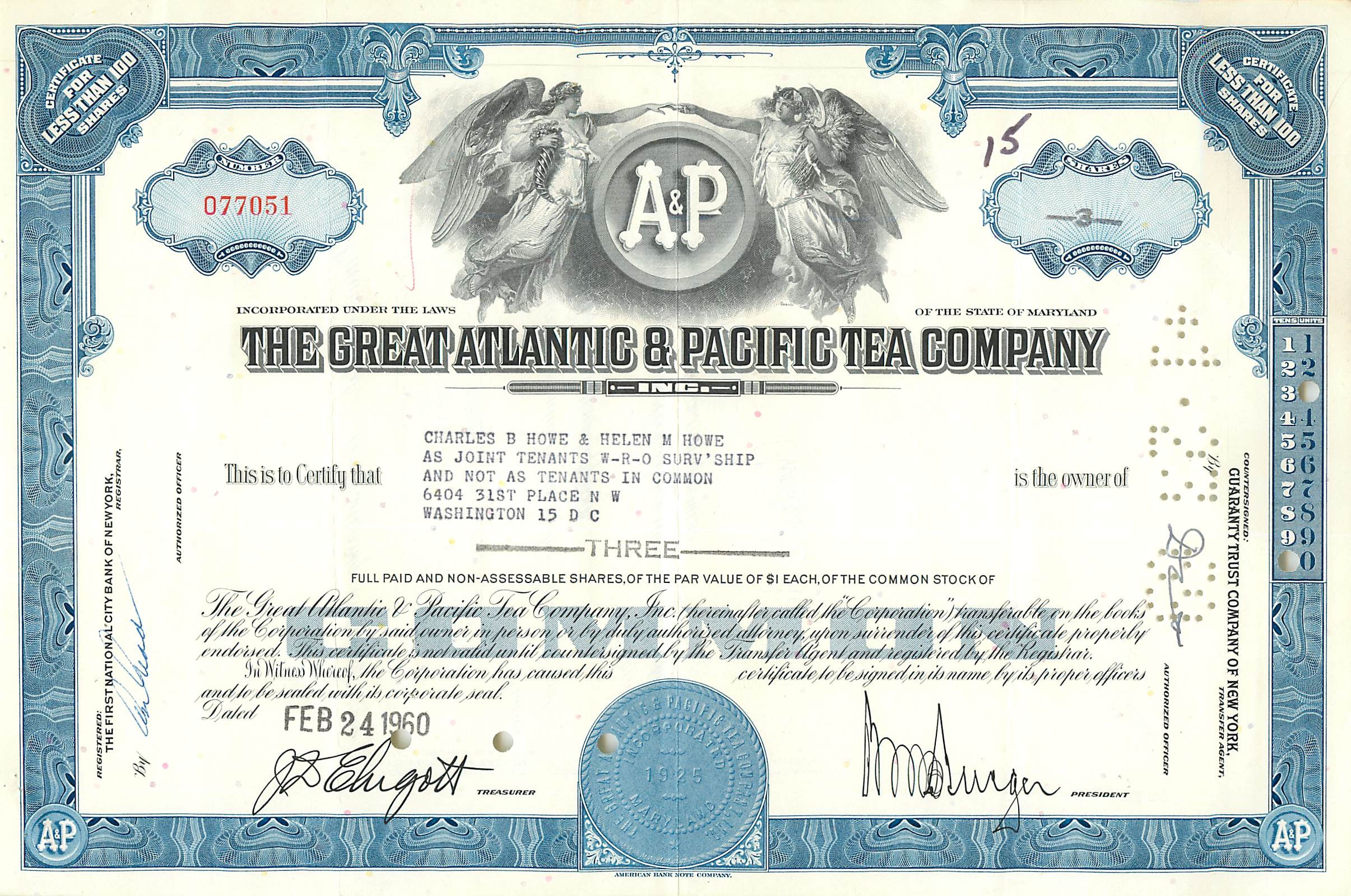 Certificat d'actions de la Great Atlantic & Pacific Tea Company — 3 actions — éditeur : The First National City Bank of New York