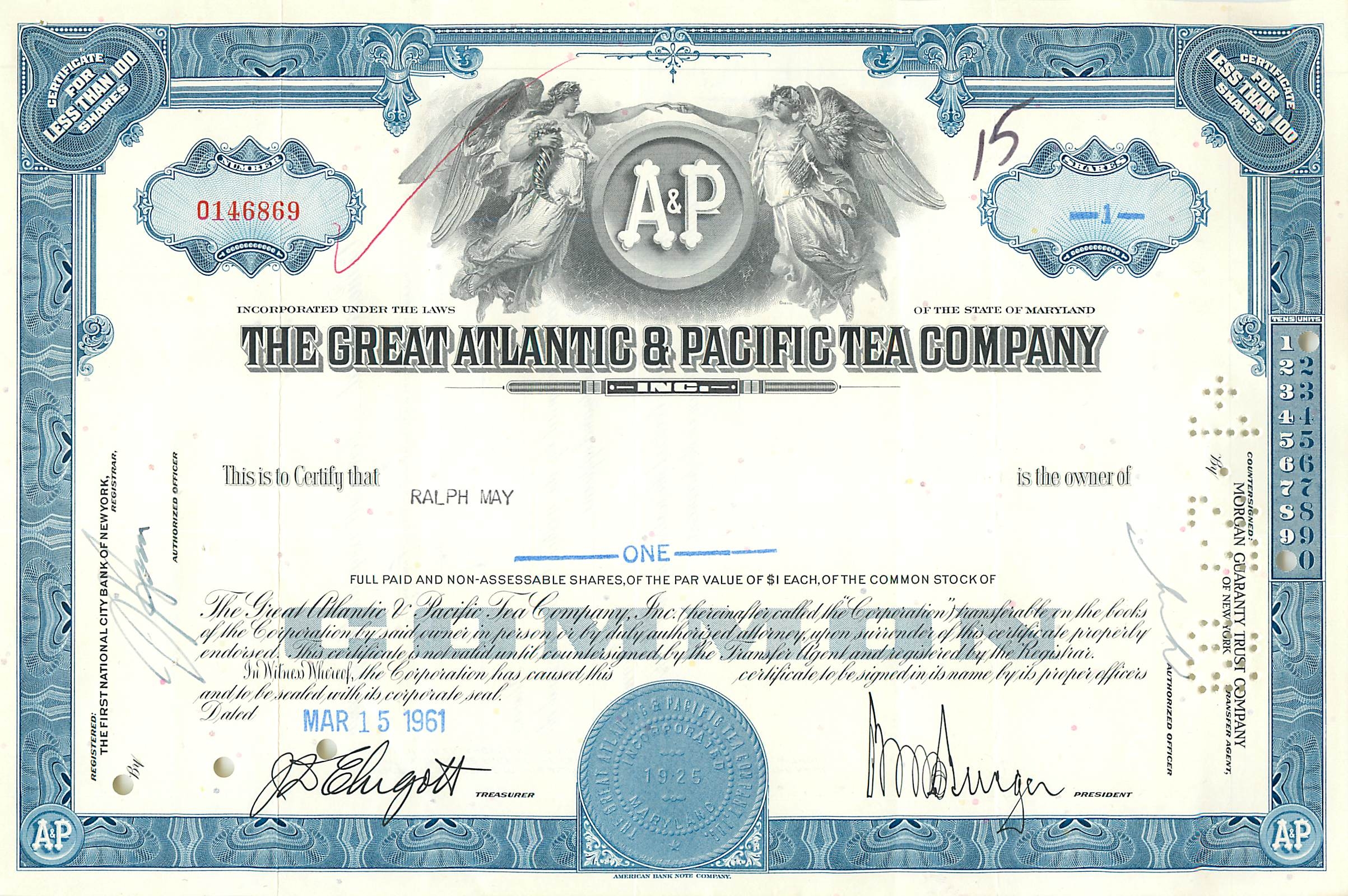Certificat de parts de la Great Atlantic & Pacific Tea Company — Ralph May — 15 parts — éditeur American Bank Note Company