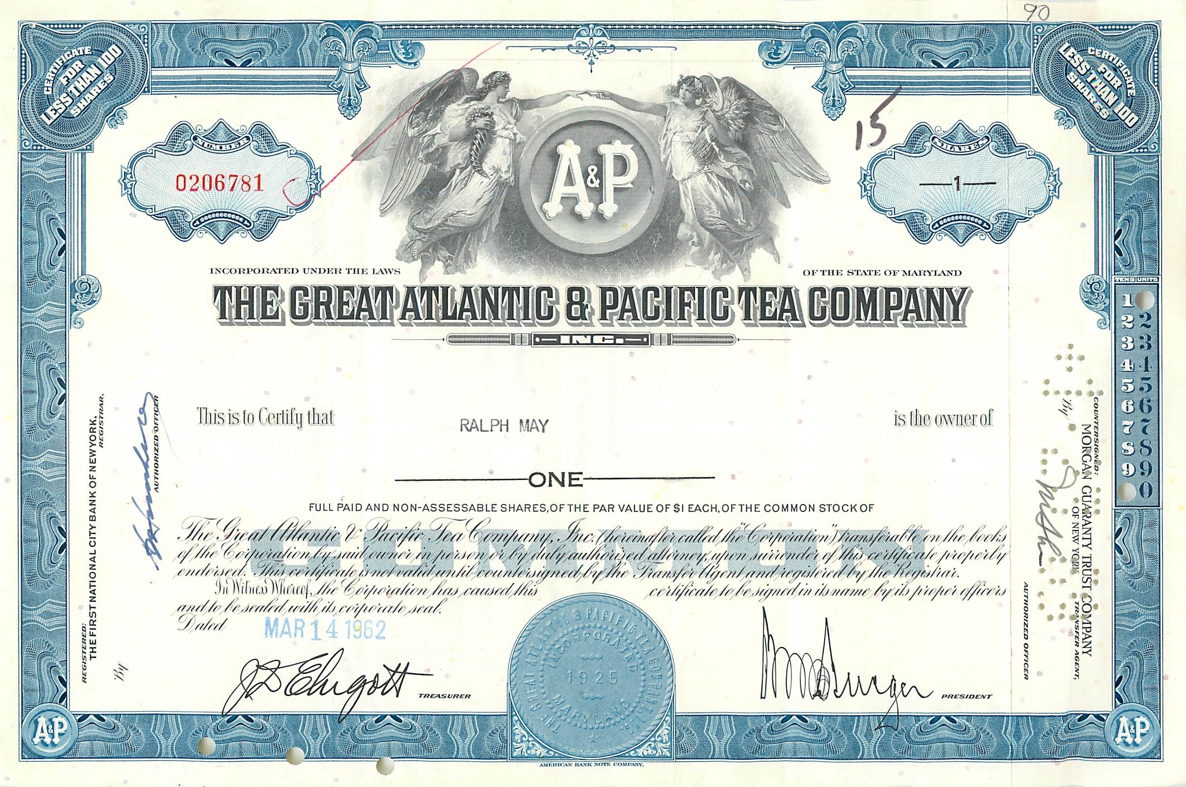 Aktie der Great Atlantic & Pacific Tea Company — Ralph May — 1962