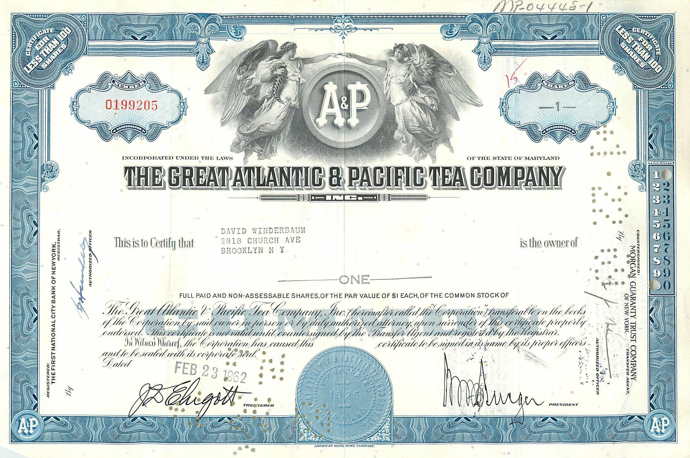Aandelenbewijs van de Great Atlantic & Pacific Tea Company — serie 0199205 — uitgever Morgan Guaranty Trust Company