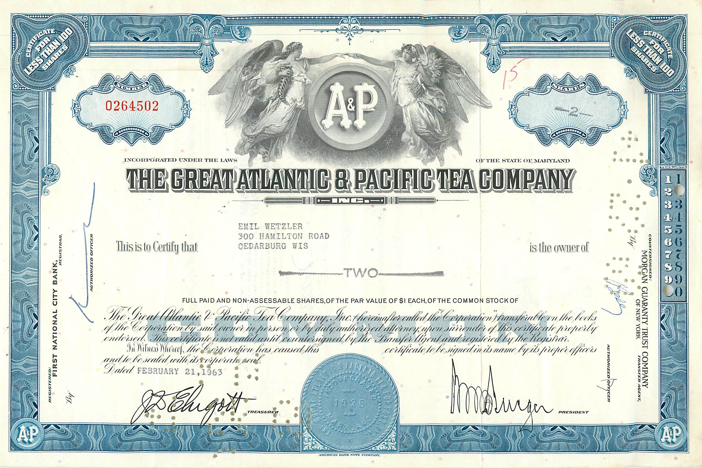 Aandeel van de Great Atlantic & Pacific Tea Company — 2 aandelen — uitgever Morgan Guaranty Trust Company