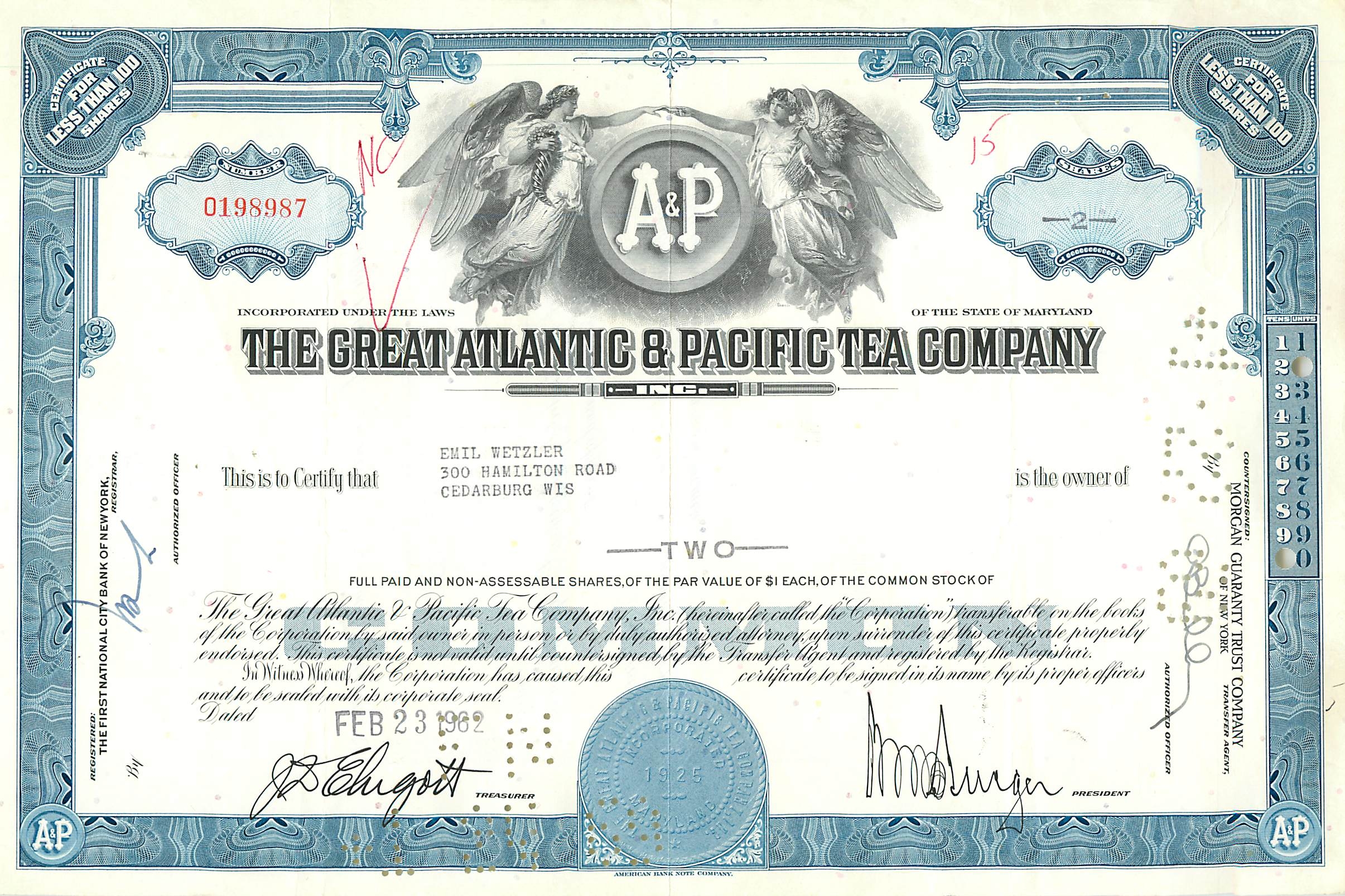 Aandelenbewijs van de Great Atlantic & Pacific Tea Company — uitgever American Bank Note Company, n° 019897