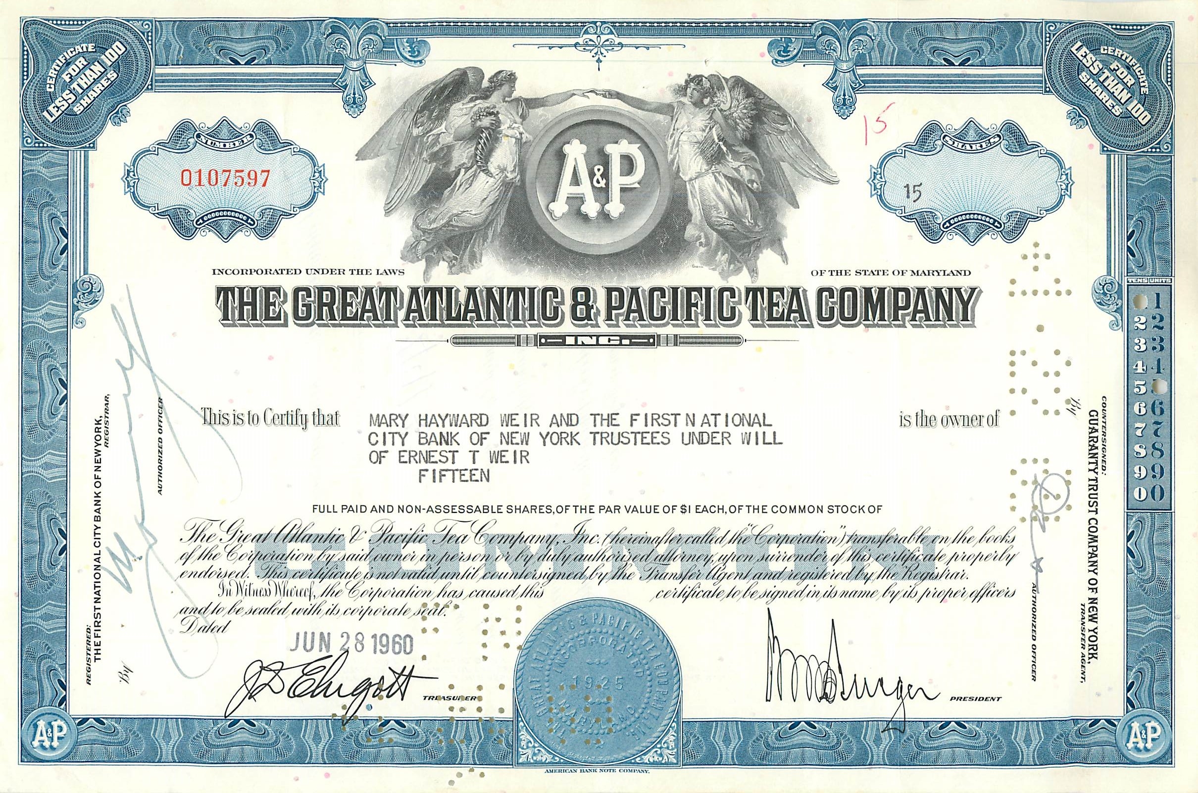 Acción de la Great Atlantic & Pacific Tea Company — 15 acciones — editor American Bank Note Company