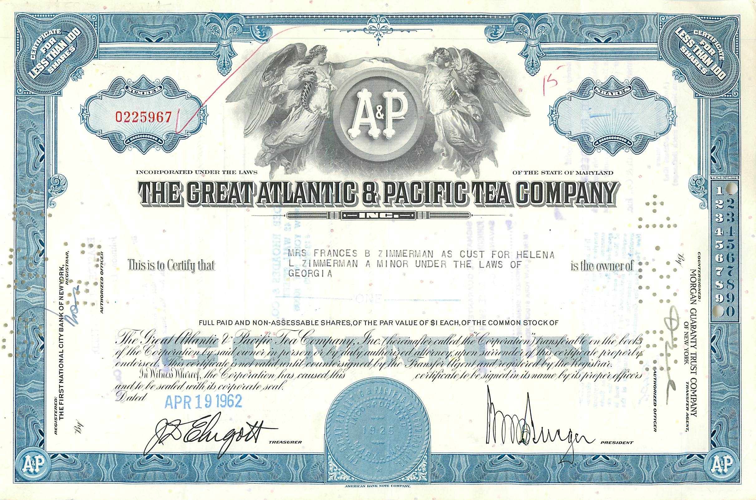 Aandelenbewijs van de Great Atlantic & Pacific Tea Company — Mrs. Frances B. Zimmerman voor Helena L. Zimmerman, minderjarige, volgens de wetten van Georgia — gedateerd 1962