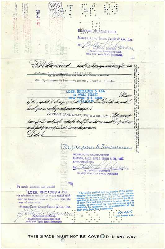 Aandelenbewijs van de Great Atlantic & Pacific Tea Company — Mrs. Frances B. Zimmerman voor Helena L. Zimmerman, minderjarige, volgens de wetten van Georgia — gedateerd 1962 — Achterkant