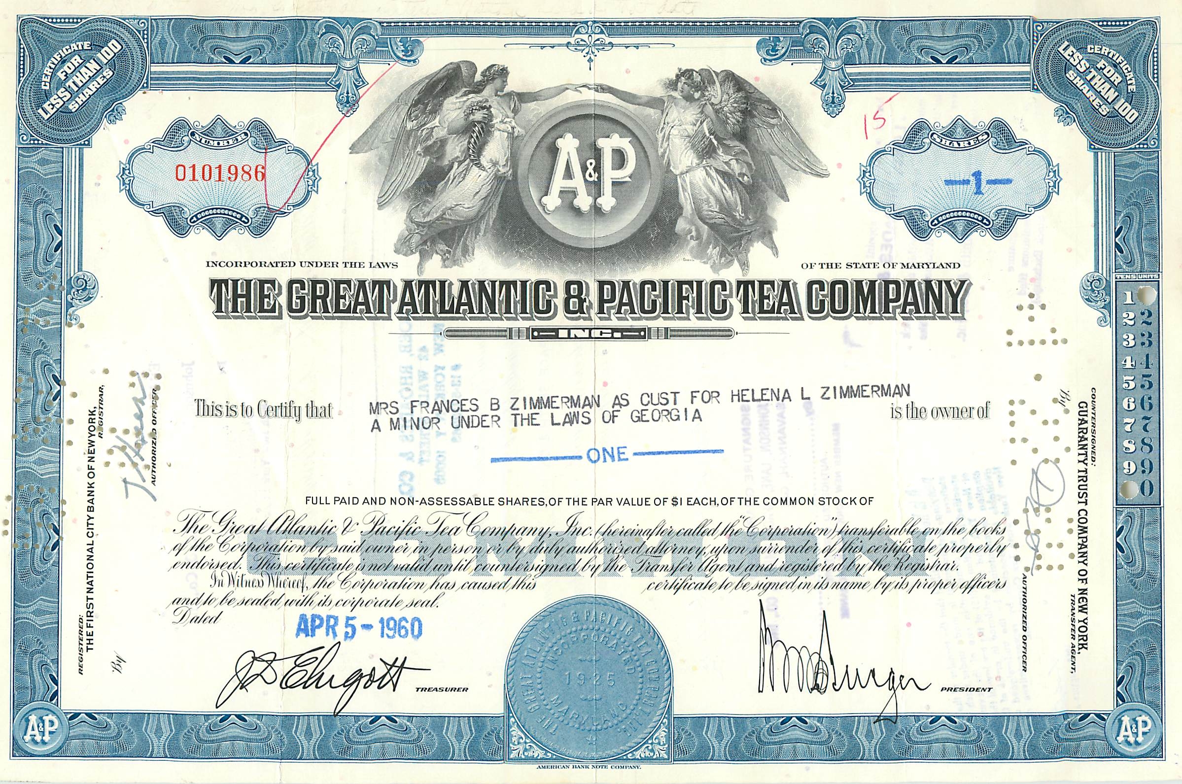 Acción de la Great Atlantic & Pacific Tea Company — certificado de 1 acción — editor American Bank Note Company