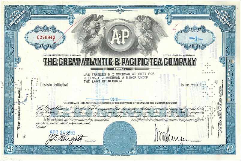 Certificat de parts de la Great Atlantic & Pacific Tea Company — Mrs. Frances B. Zimmerman en qualité de tutrice de Helena L. Zimmerman, minor, pour 1 action — éditeur First National City Bank, n° 0270948