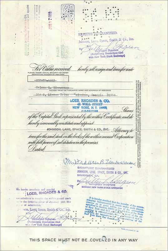 Certificat de parts de la Great Atlantic & Pacific Tea Company — Mrs. Frances B. Zimmerman en qualité de tutrice de Helena L. Zimmerman, minor, pour 1 action — éditeur First National City Bank, n° 0270948 — Verso