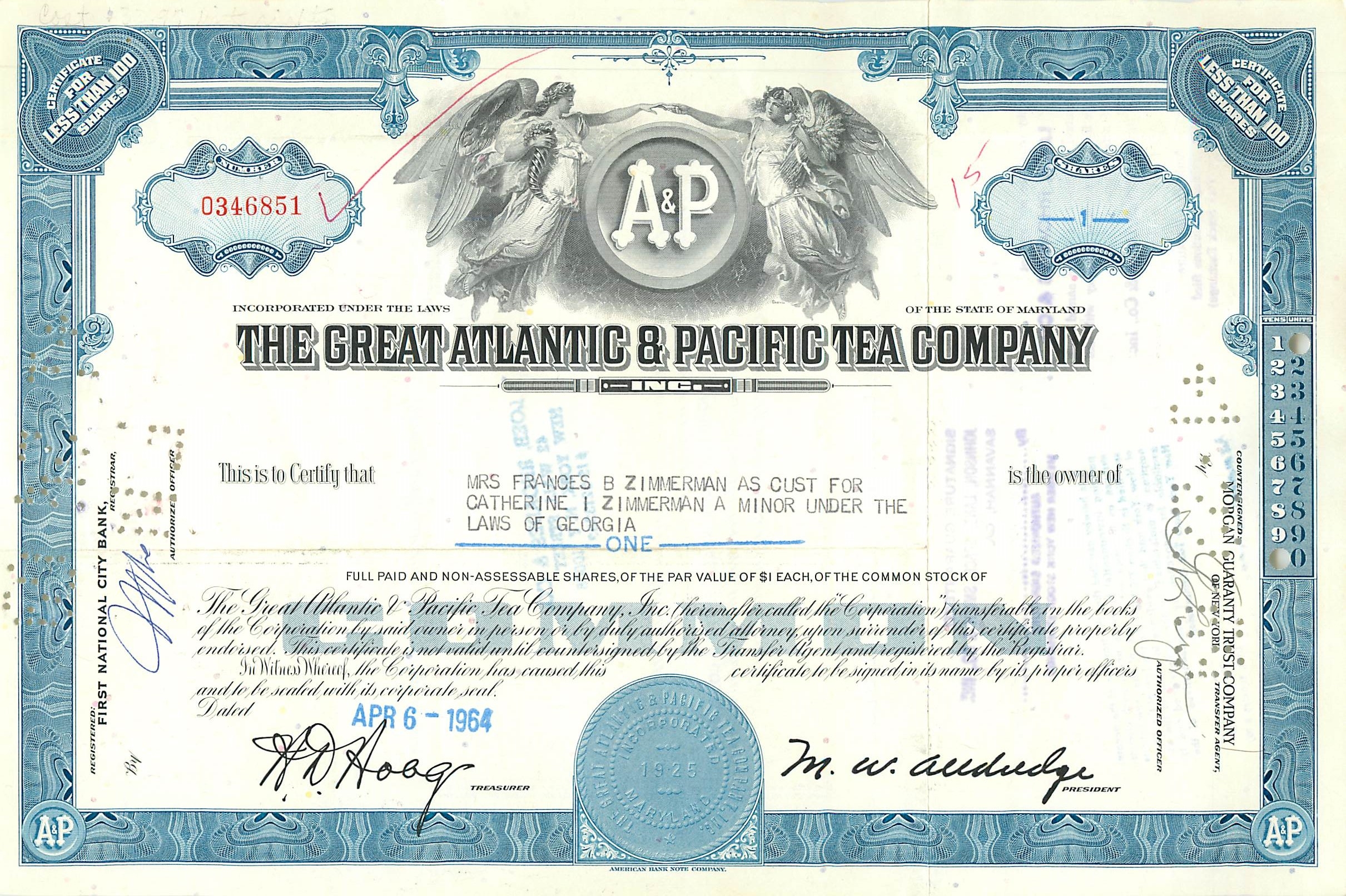 Azione della Great Atlantic & Pacific Tea Company — certificato di 1 azione — editore First National City Bank