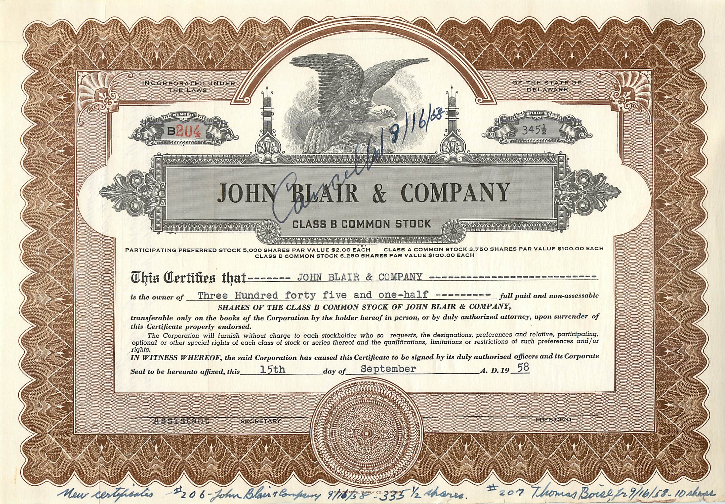 Certyfikat akcji firmy John Blair & Company — Klasa B — Staniszwaty