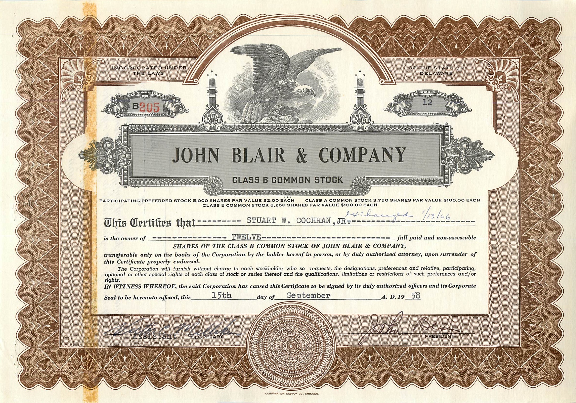 Certificat de parts de la société John Blair & Company — éditeur CORPORATOR SUPPLY CO. CHICAGO