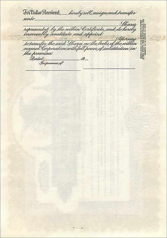 Certificat de parts de la société John Blair & Company — éditeur CORPORATOR SUPPLY CO. CHICAGO — Rückseite