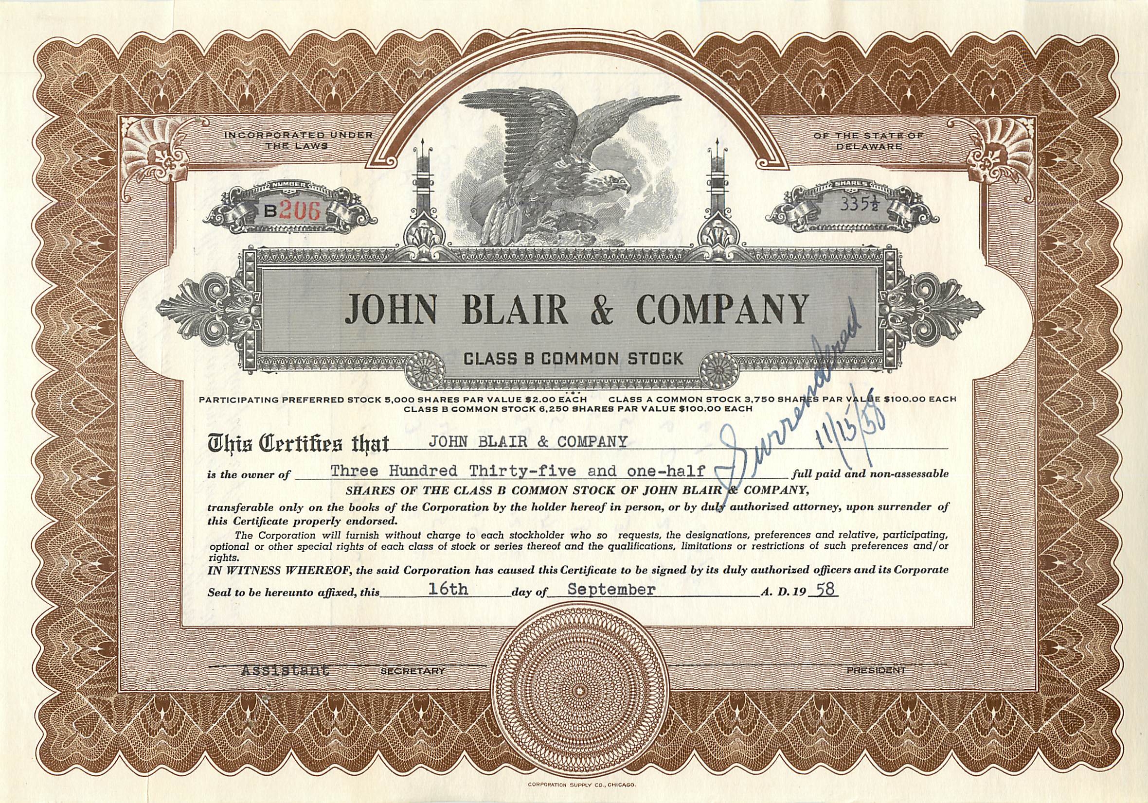 John Blair & Company — Certificat de parts class B — éditeur Corporation Supply Co. Chicago