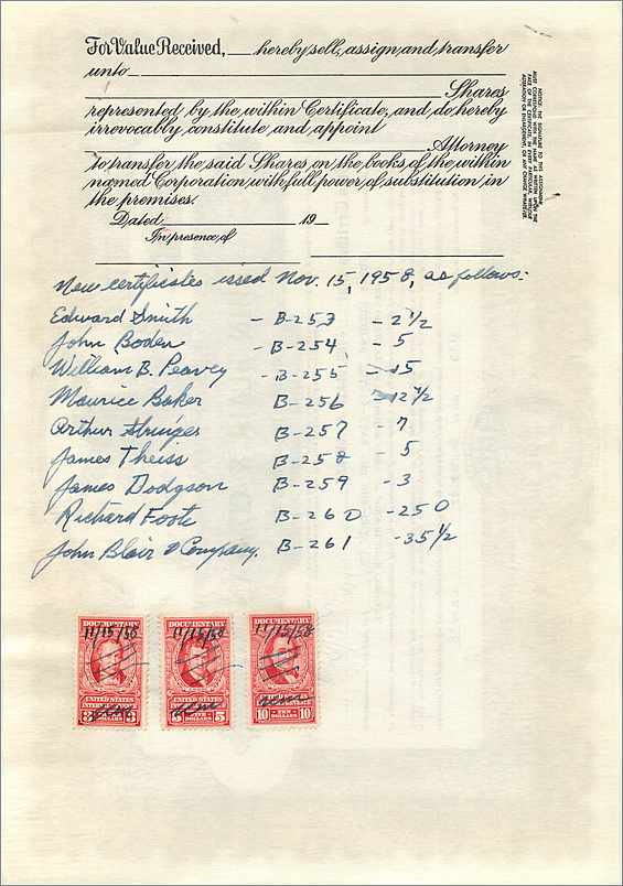 John Blair & Company — Certificat de parts class B — éditeur Corporation Supply Co. Chicago — Verso