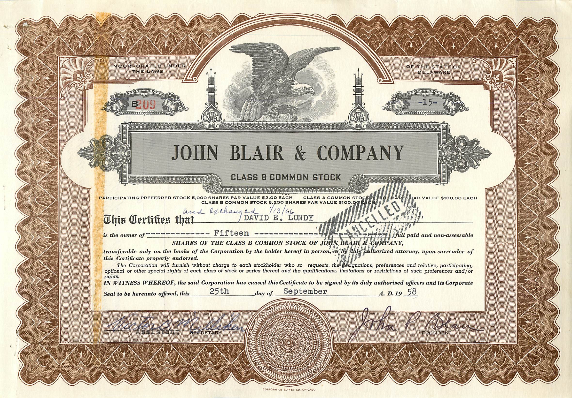Azione di partecipazione della società John Blair & Company — Delaware — n° B109