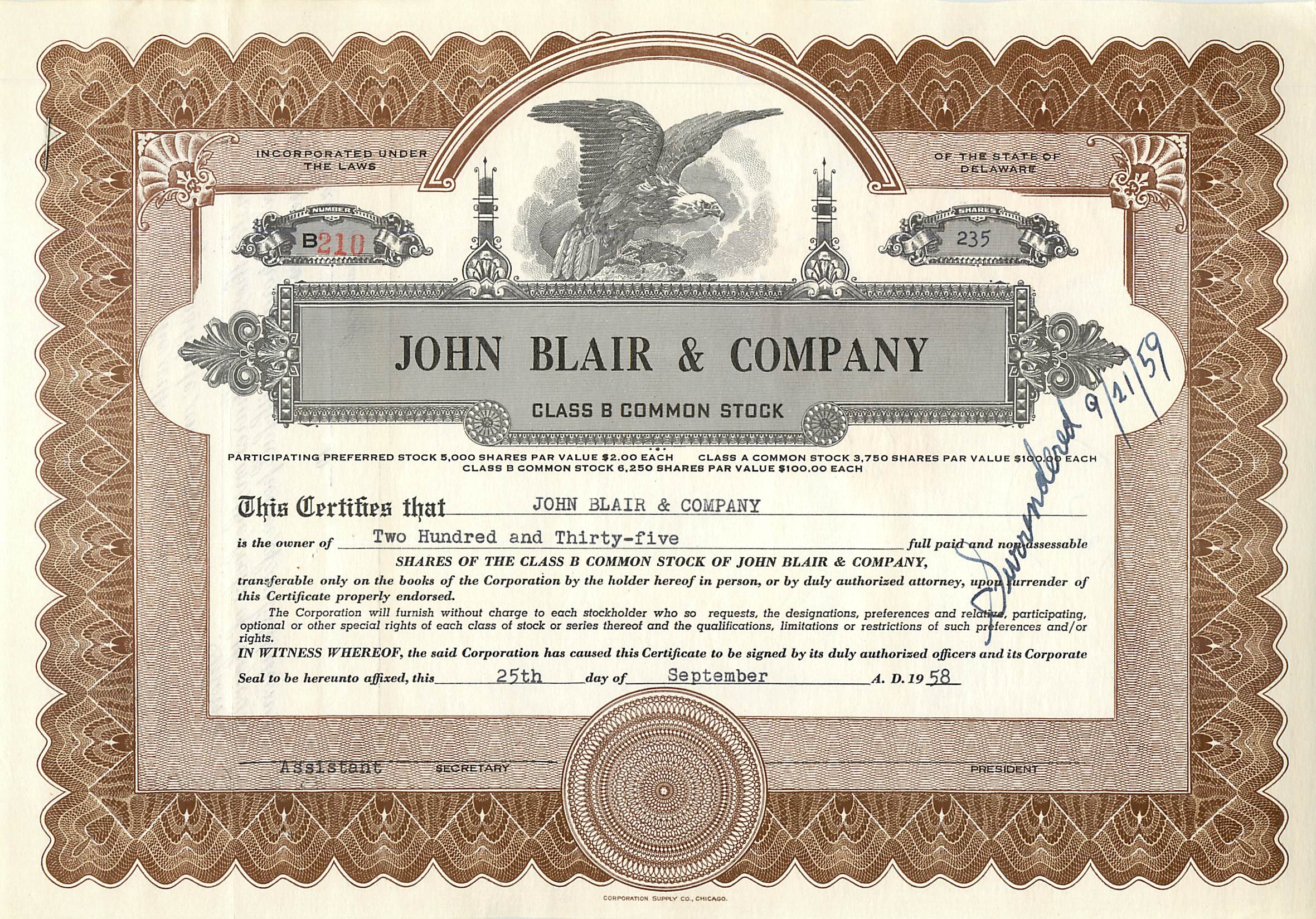 Action de société John Blair & Company — Class B Common Stock — Corporation Co. Chicago