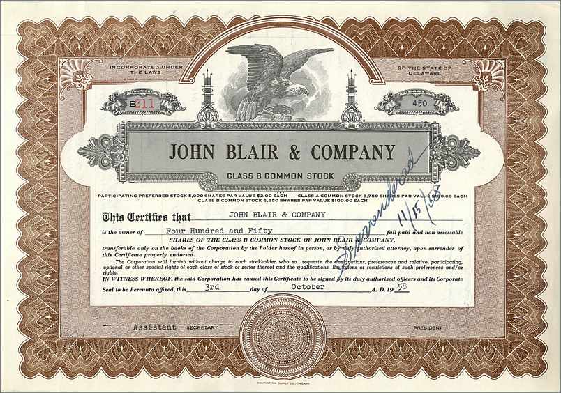 John Blair & Company — Certificado de 450 acciones de clase B — editor no visible