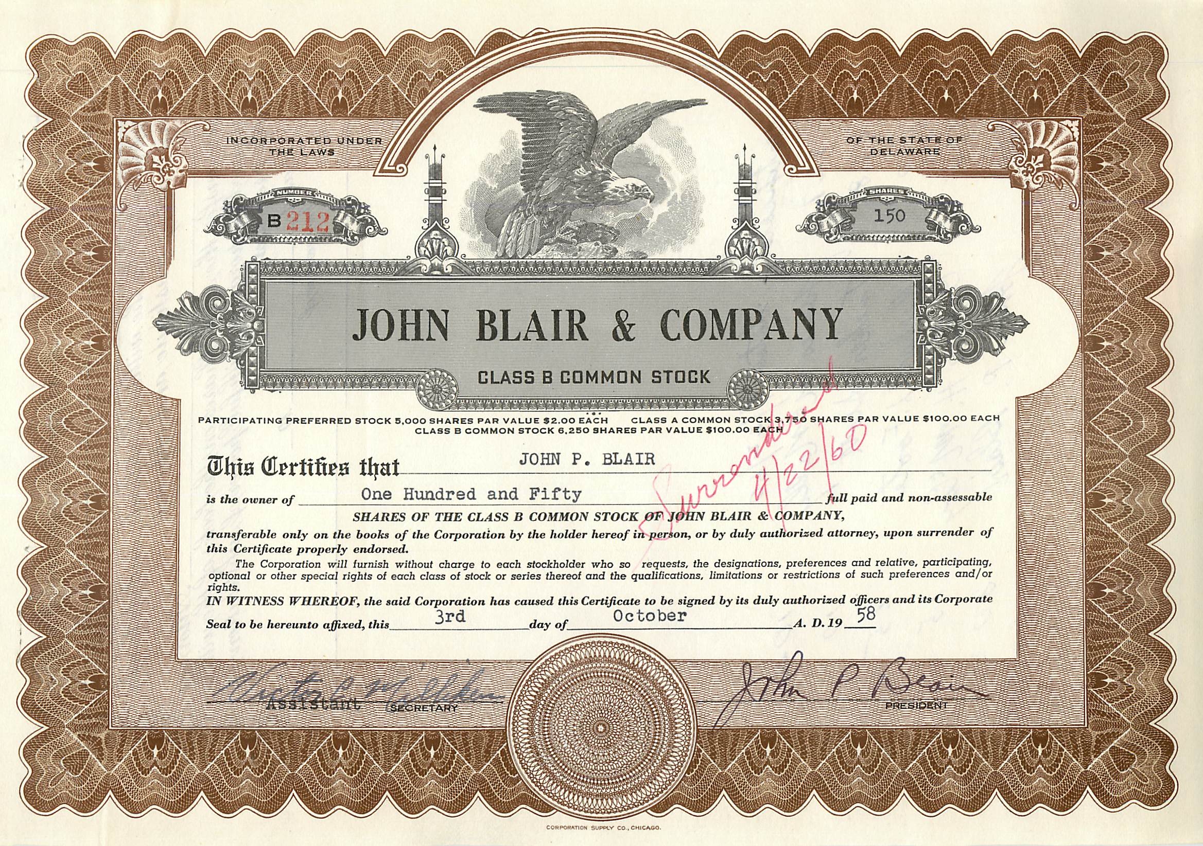Action de société John Blair & Company — action de classe B — éditeur Corporation Supply Co. Chicago