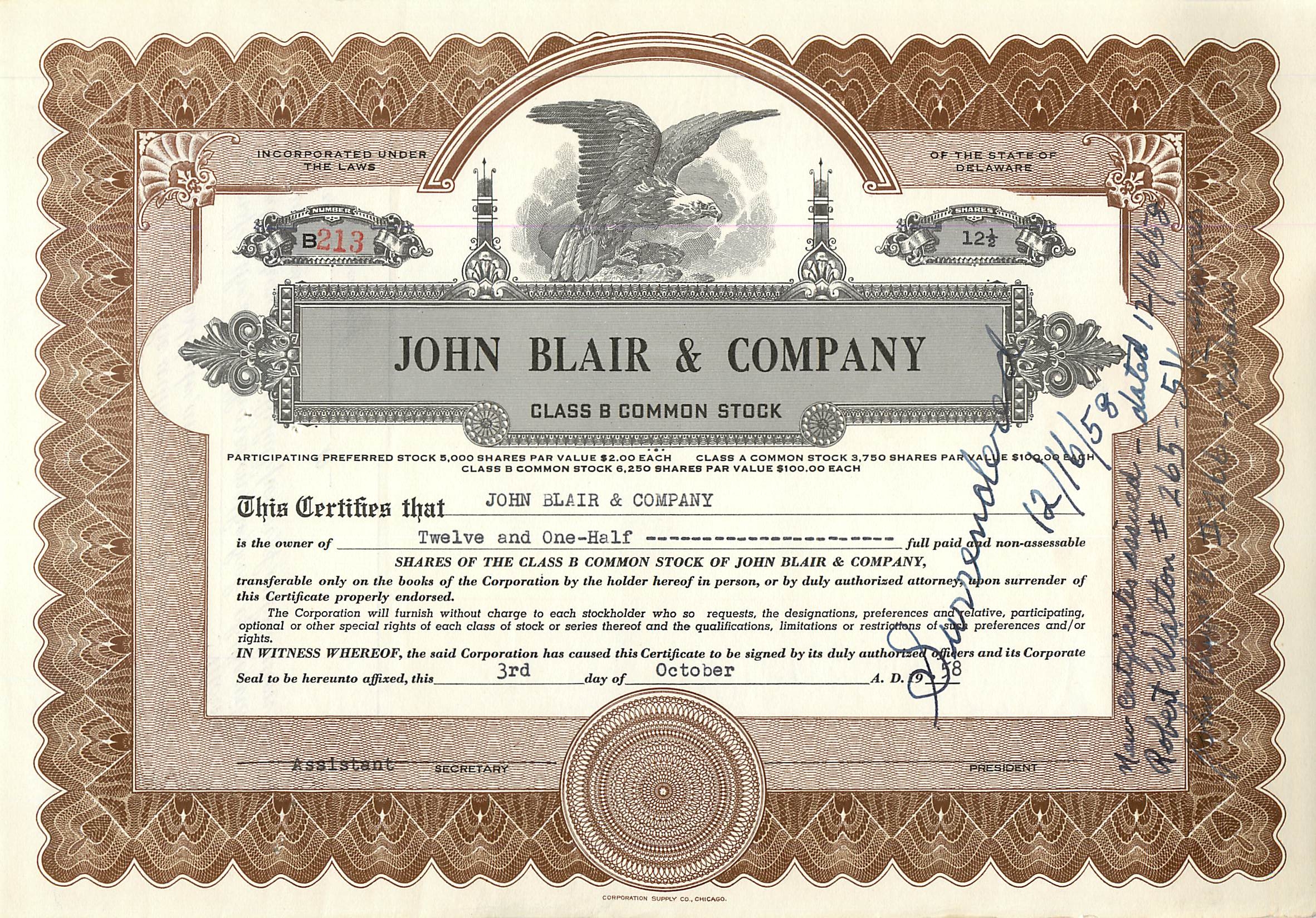 John Blair & Company — Azione della classe B — Corporation Supply Co. Chicago