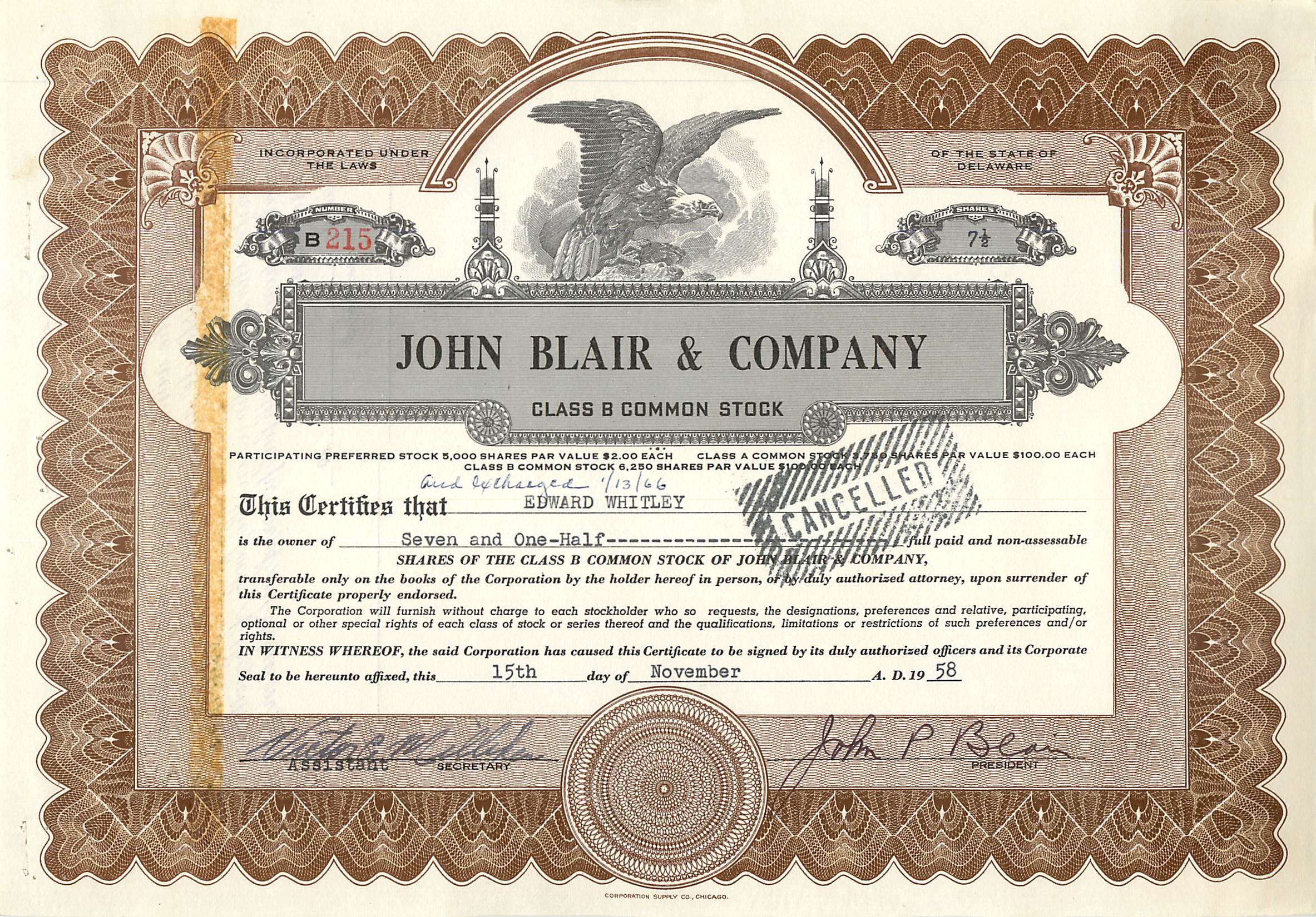 Partecipazione azionaria della società John Blair & Company — Delaware — serie B15