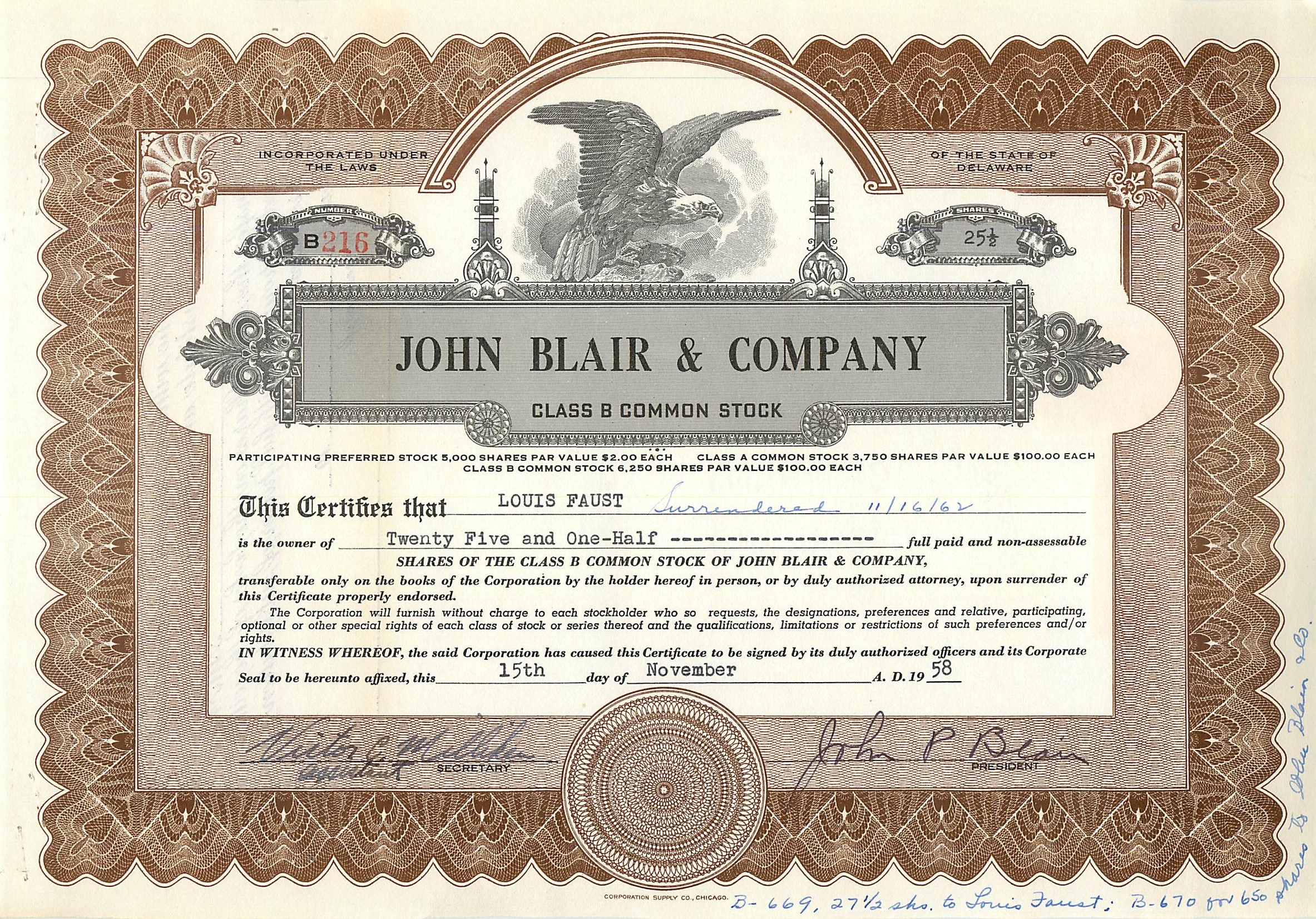 Action de société John Blair & Company — action de classe B — éditeur CORPORATE SUPPLY CO. CHICAGO