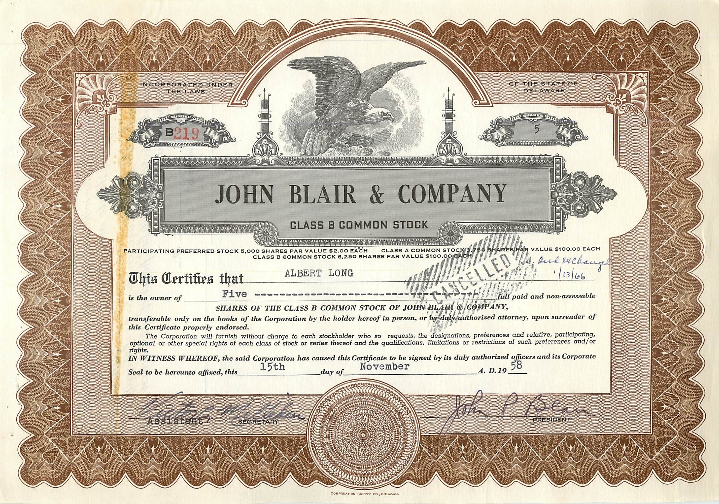 Azione della società John Blair & Company — Azione classe B — editore Corporation Co. Chicago, n° B219