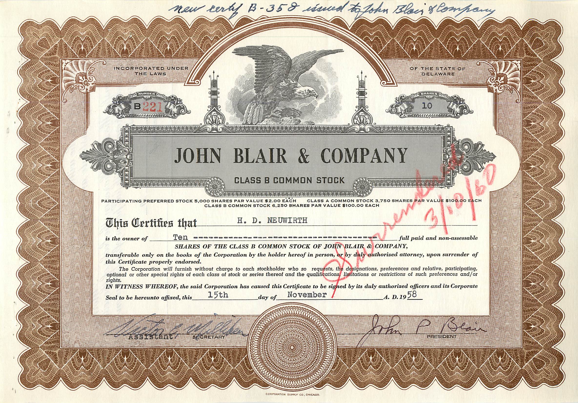 Action de société John Blair & Company — action de classe B — éditeur Corporation Supply Co. Chicago