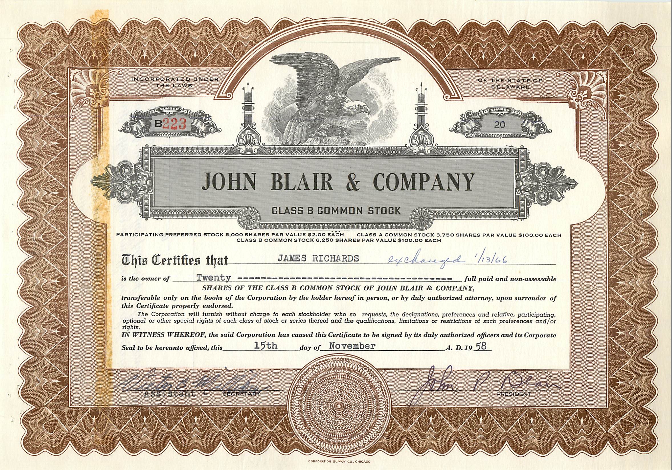 Certificat de parts de la société John Blair & Company — Chicago, Illinois — n° B223